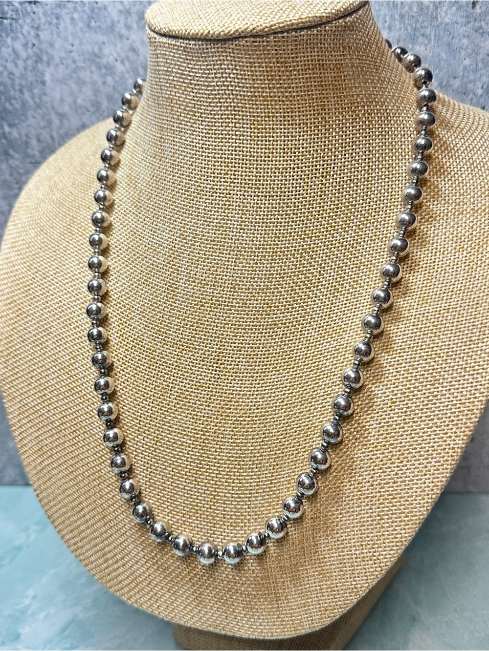 Navajo Pearls Native American Made Sterling Silver Beaded Necklace 24 inches